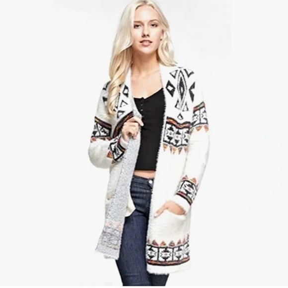 Anthropology My Michelle fuzzy long Aztec print boho long cardigan, size M - Picture 2 of 16